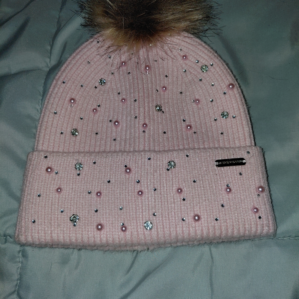 Pink Beanie with Faux Fur Pom and Embellishments